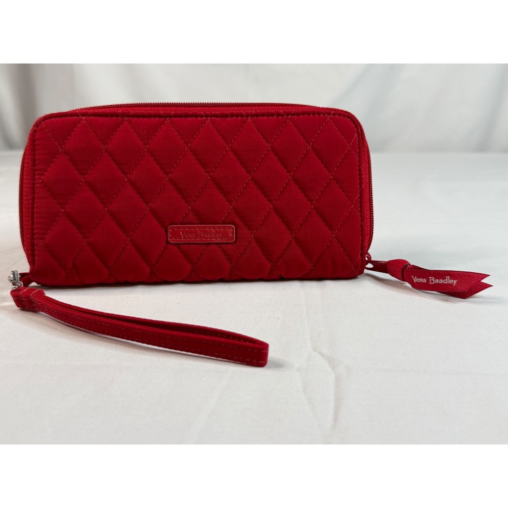 Vera Bradley Riley Compact Wallet Red Quilted Microfiber Wristlet Rose Liner